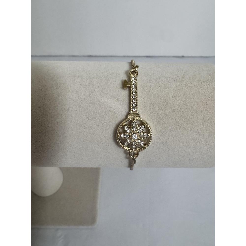 Gold Tone Rhinestone Key Bracelet Adjustable Bolo Floral Crystal Charm Jewelry